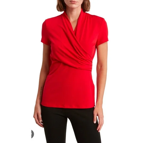 Women's Red Faux Wrap Short Sleeve Draped Neckline Top Blouse - Picture 3 of 3